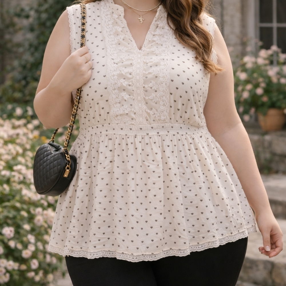 Rebellion Hearts Cream Lace Heart Print Tunic Top 3X Coquette Romantic